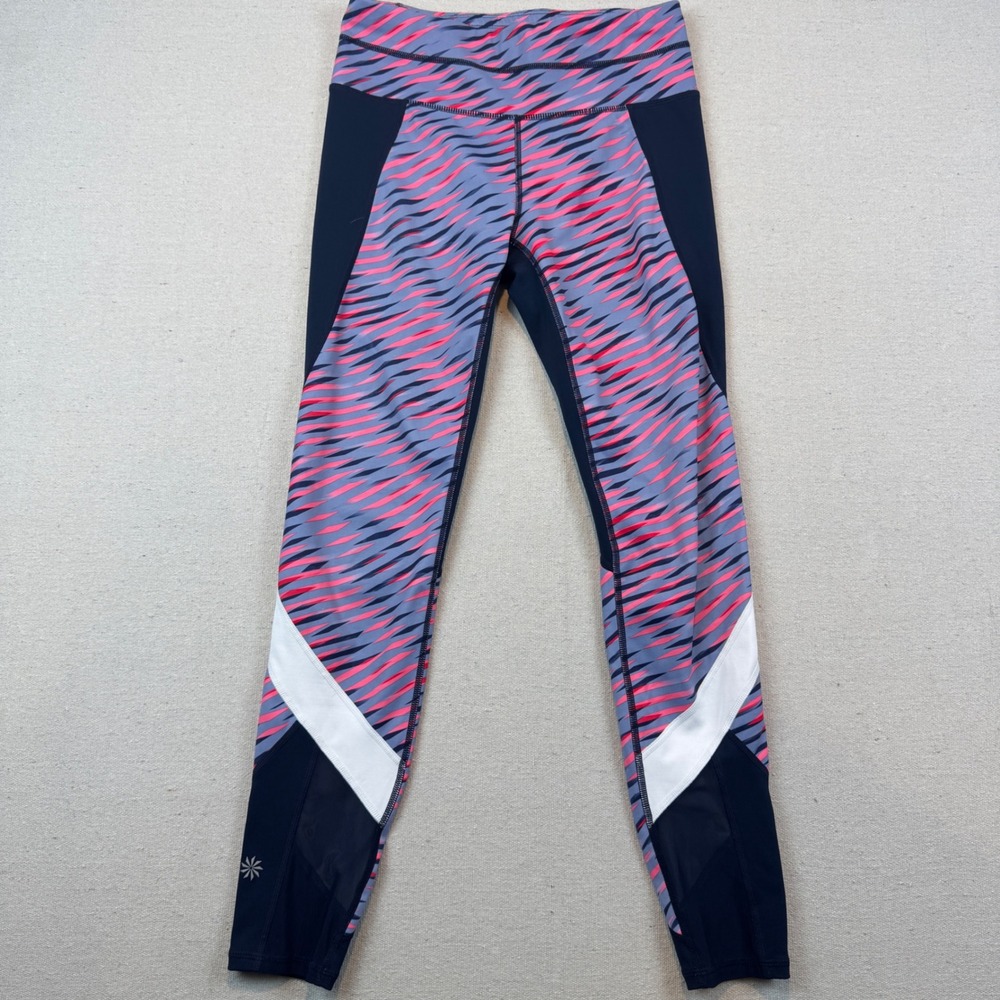 Athleta XS Leggings Women Pink Blue Geometric Mesh Panel Activewear Tights